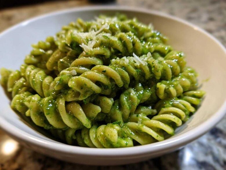 A close-up shot of vibrant green pesto pasta, made with fusilli noodles, topped with grated Parmesan cheese.