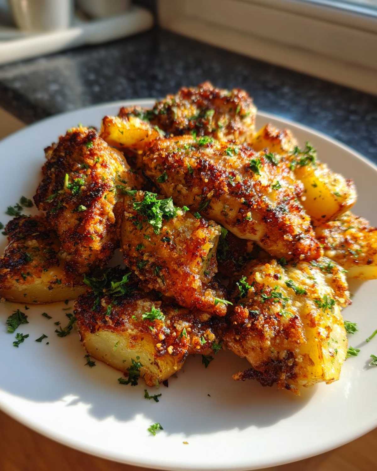 Close-up of crispy, golden garlic parmesan chicken and potatoes pieces garnished with fresh parsley.
