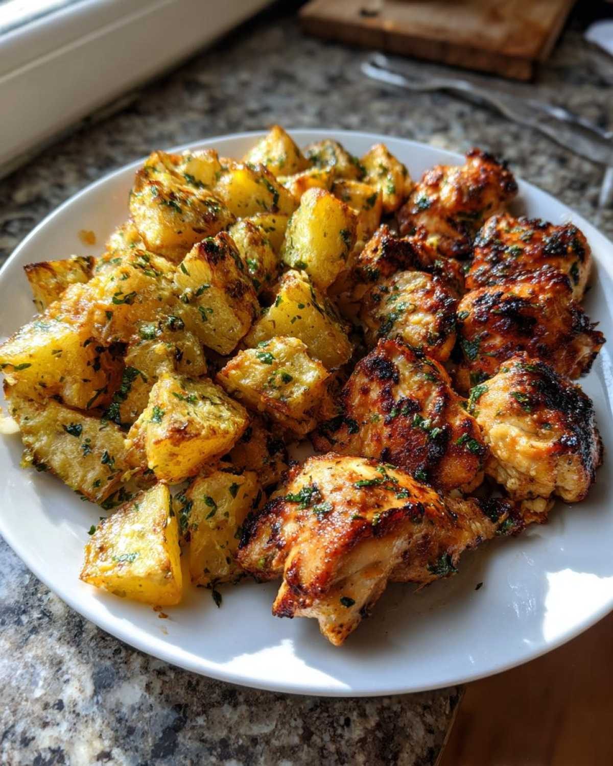 A white plate filled with roasted garlic parmesan chicken and herb-seasoned potatoes.