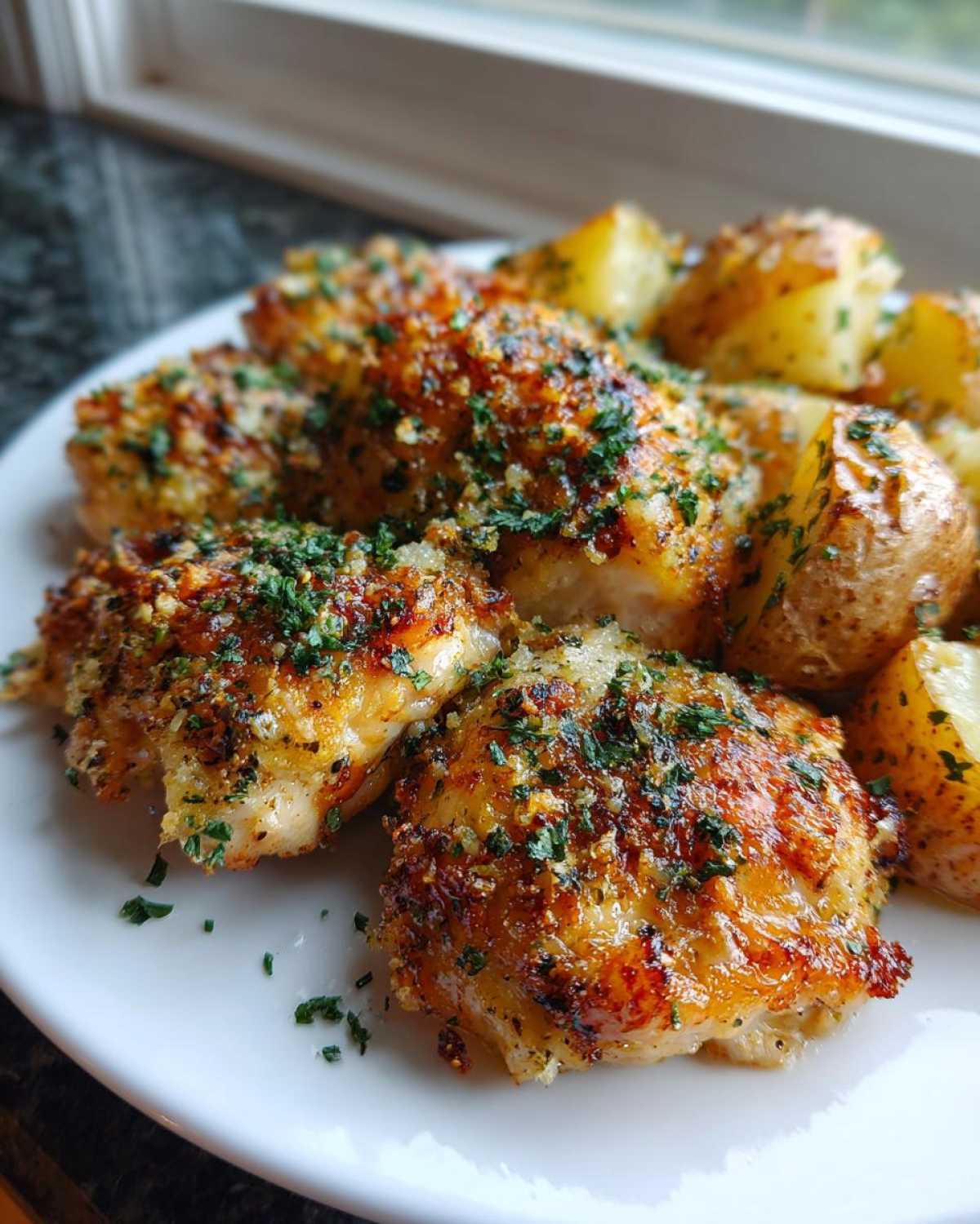 Close-up of golden brown garlic parmesan chicken and potatoes served on a white plate.