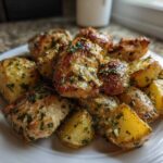 A plate piled high with golden brown garlic parmesan chicken and potatoes, topped with fresh parsley.