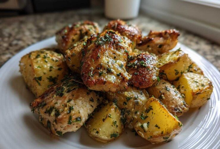 A plate piled high with golden brown garlic parmesan chicken and potatoes, topped with fresh parsley.