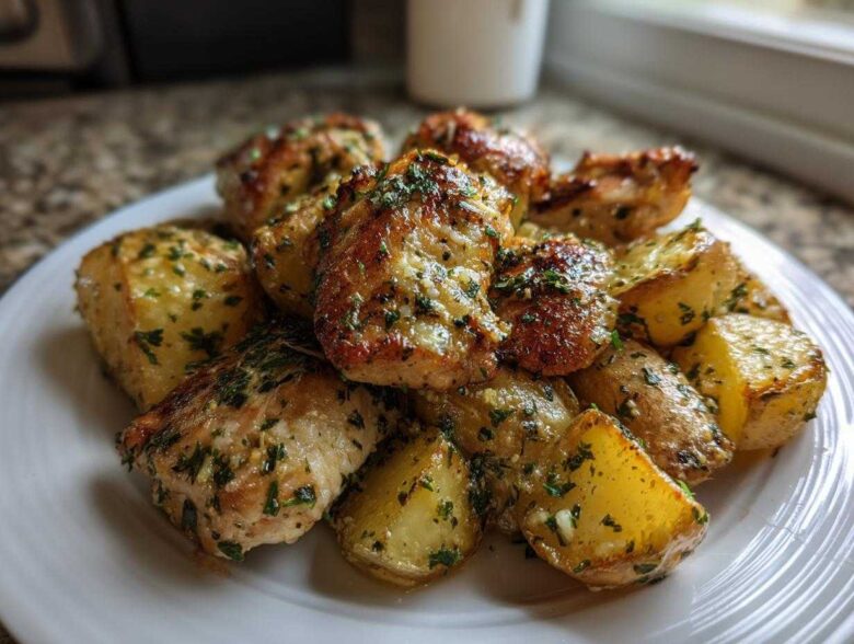 A plate piled high with golden brown garlic parmesan chicken and potatoes, topped with fresh parsley.