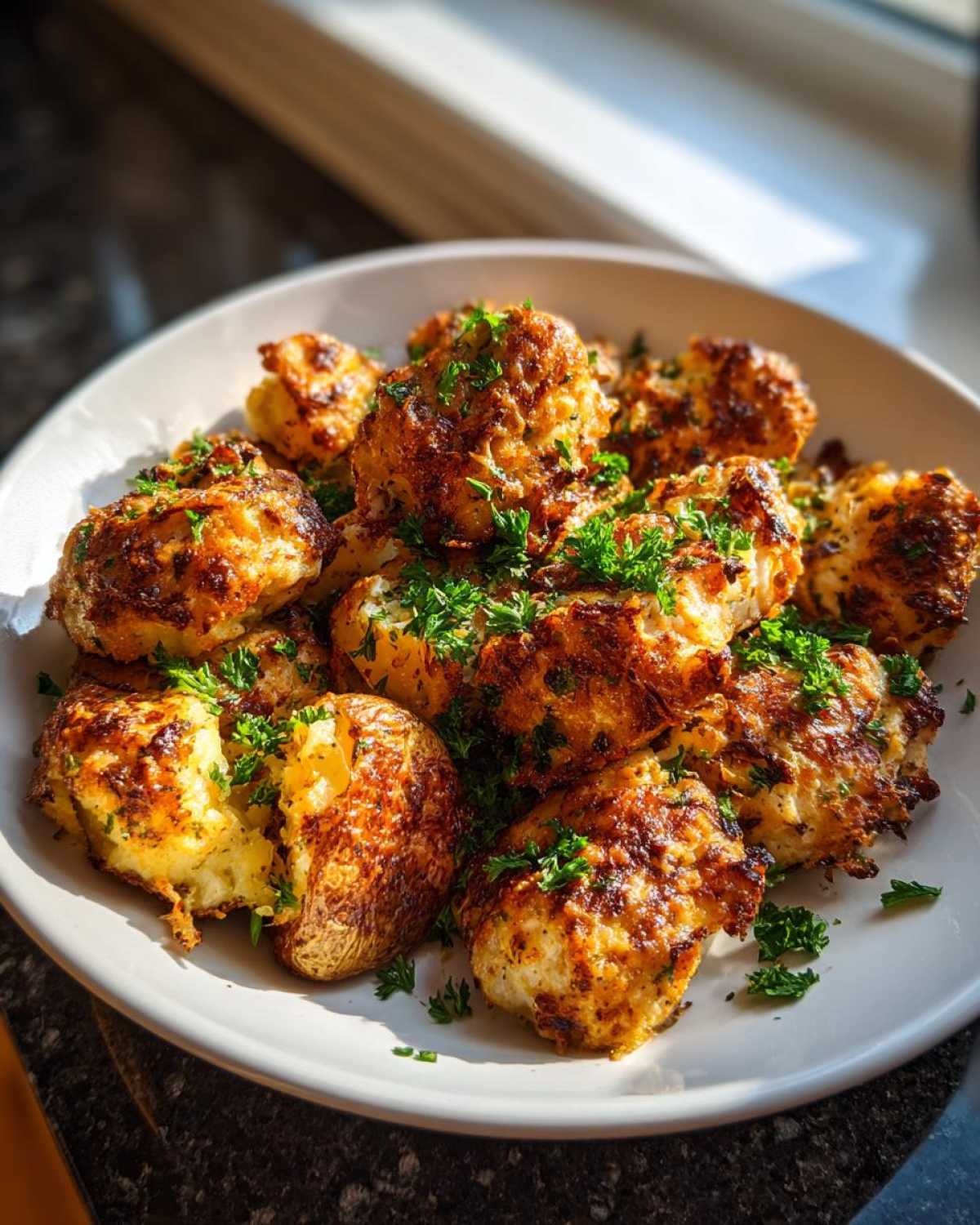 Golden brown pieces of garlic parmesan chicken and potatoes topped with fresh parsley on a white plate.