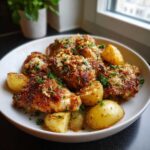 A white bowl filled with crispy garlic parmesan chicken and roasted potatoes, garnished with parsley.