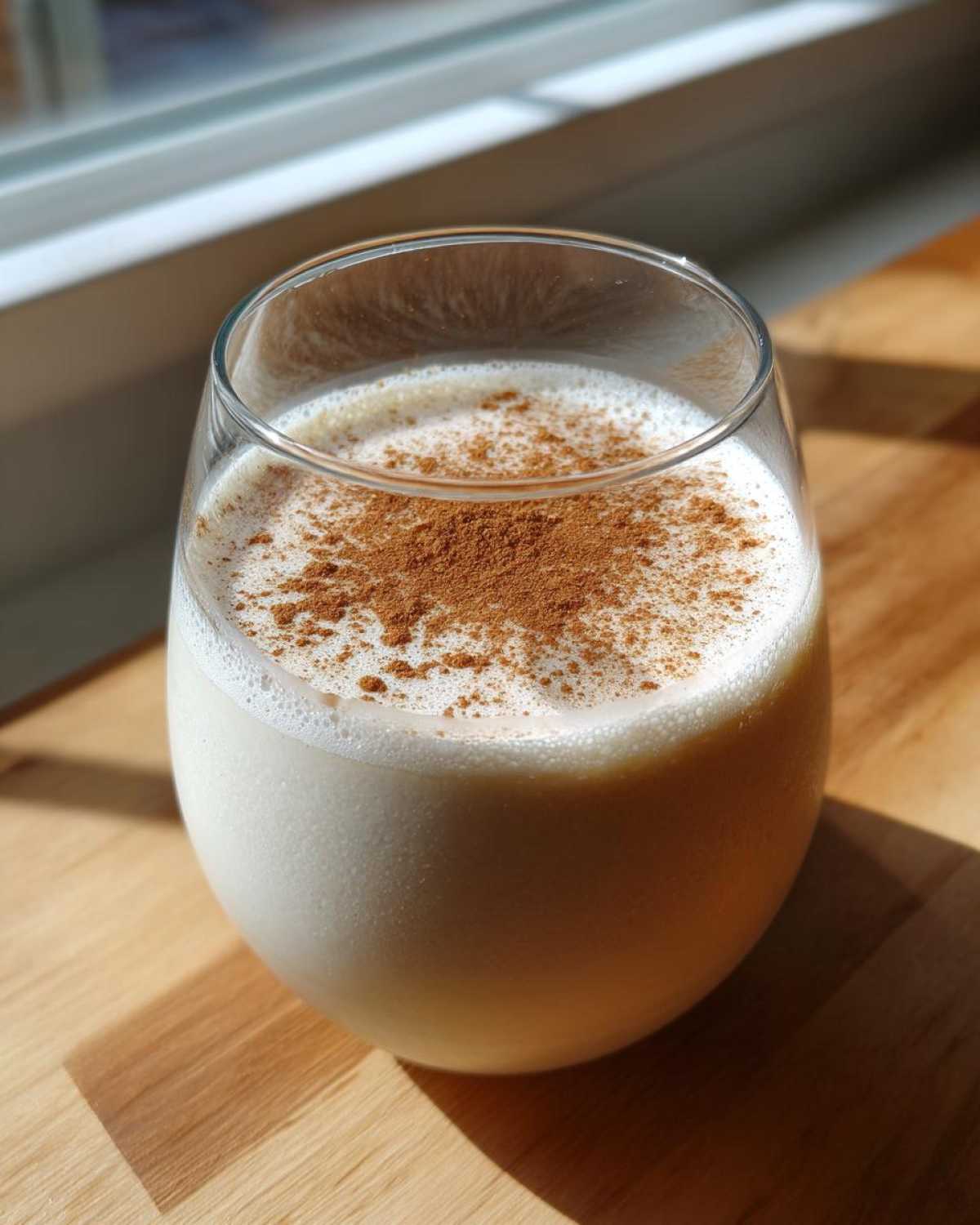 Close-up of a glass filled with creamy, white coquito, generously dusted with ground cinnamon on top.