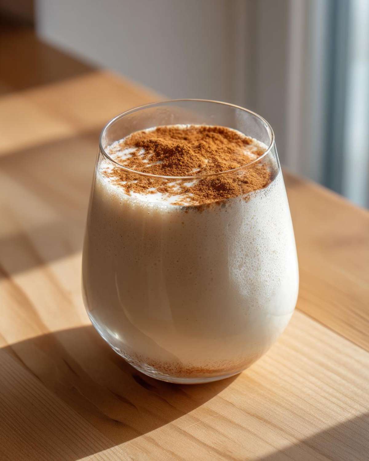 A glass of creamy, frothy coquito topped generously with ground cinnamon powder.