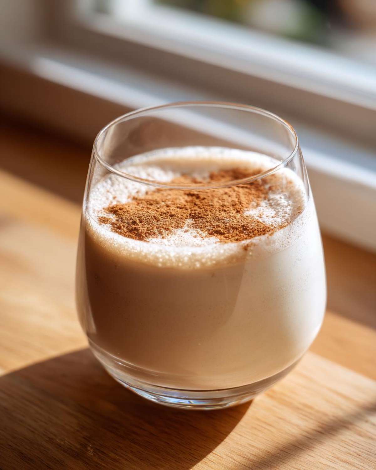 A creamy glass of homemade coquito topped with a generous dusting of ground cinnamon, sitting in sunlight.