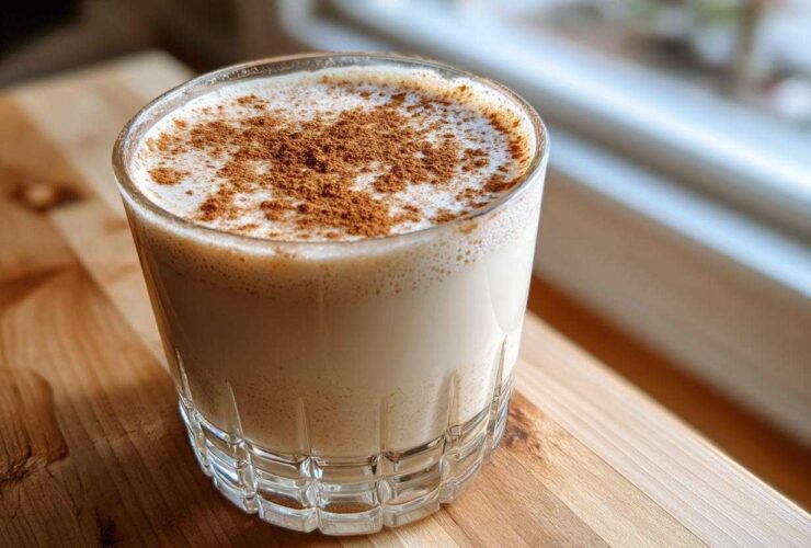 A glass of creamy coquito, topped generously with ground cinnamon, sitting on a wooden surface.