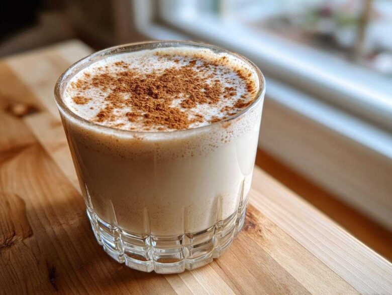 A glass of creamy coquito, topped generously with ground cinnamon, sitting on a wooden surface.