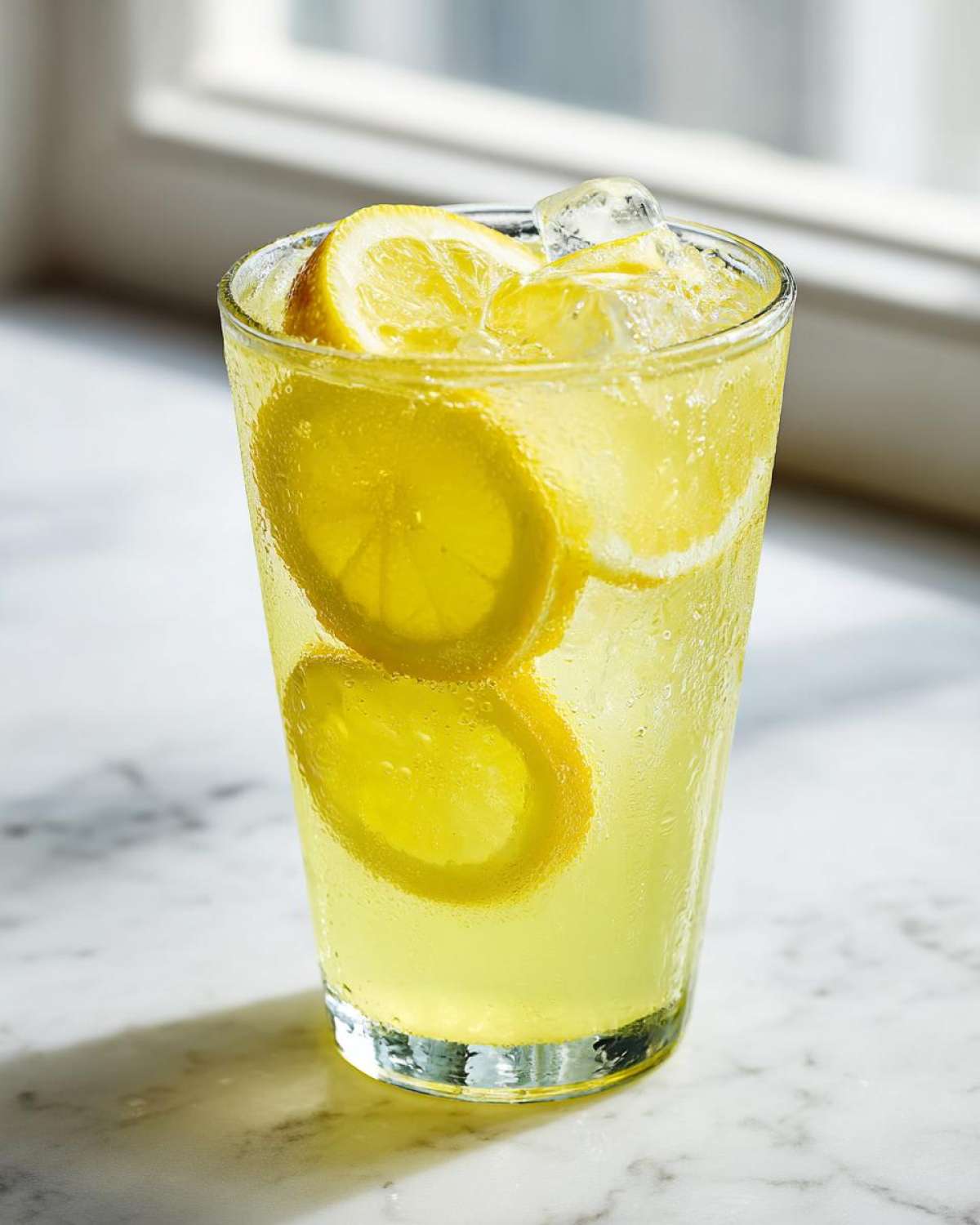 A tall, sweating glass filled with bright yellow lemonade, ice cubes, and lemon slices.