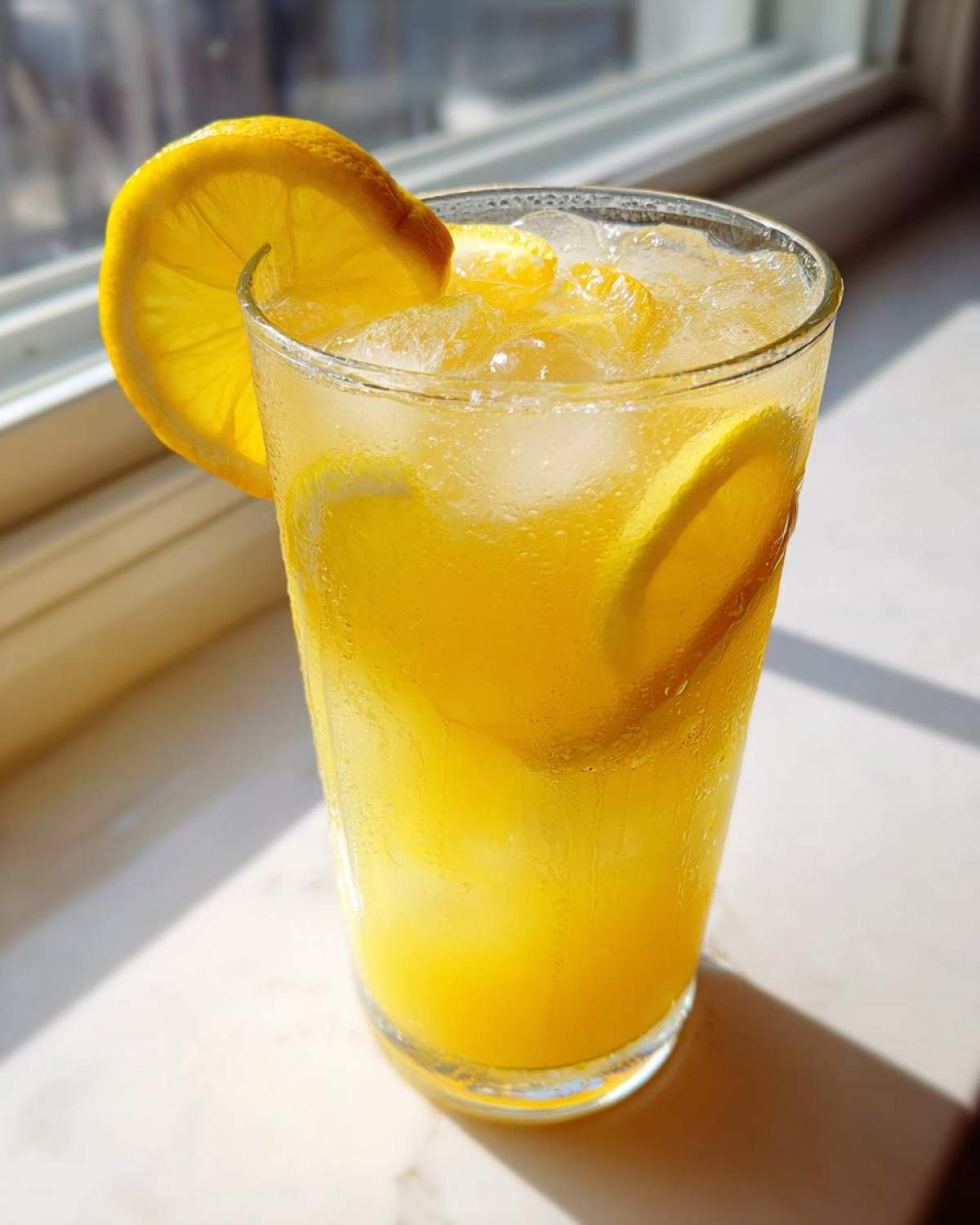 Close-up of a tall, sweating glass filled with bright yellow homemade lemonade, ice, and lemon slices.