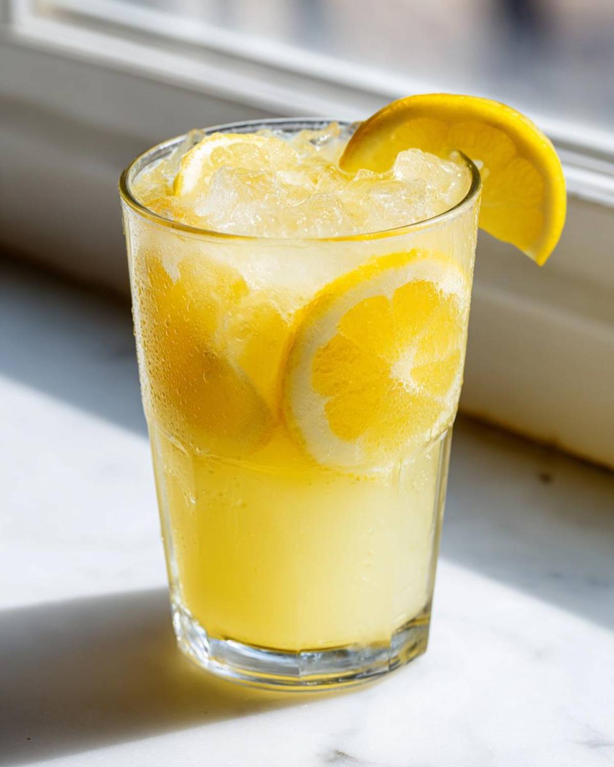 A tall, sweating glass filled with bright yellow lemonade, crushed ice, and lemon slices, garnished with a lemon wedge.