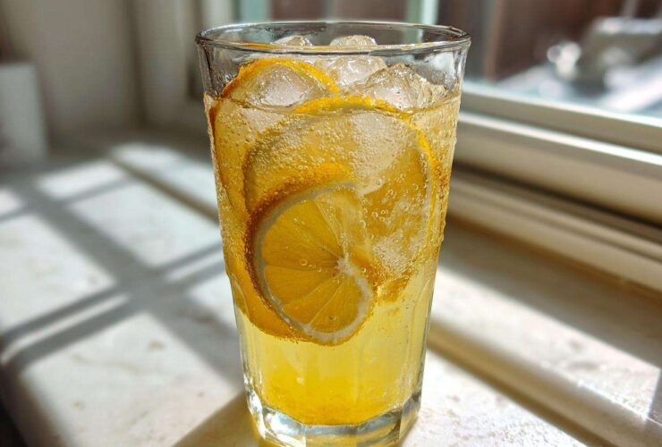 Close-up of a tall glass filled with fizzy, yellow lemonade, ice, and fresh lemon slices.