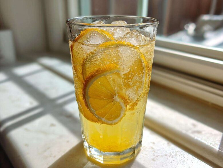 Close-up of a tall glass filled with fizzy, yellow lemonade, ice, and fresh lemon slices.