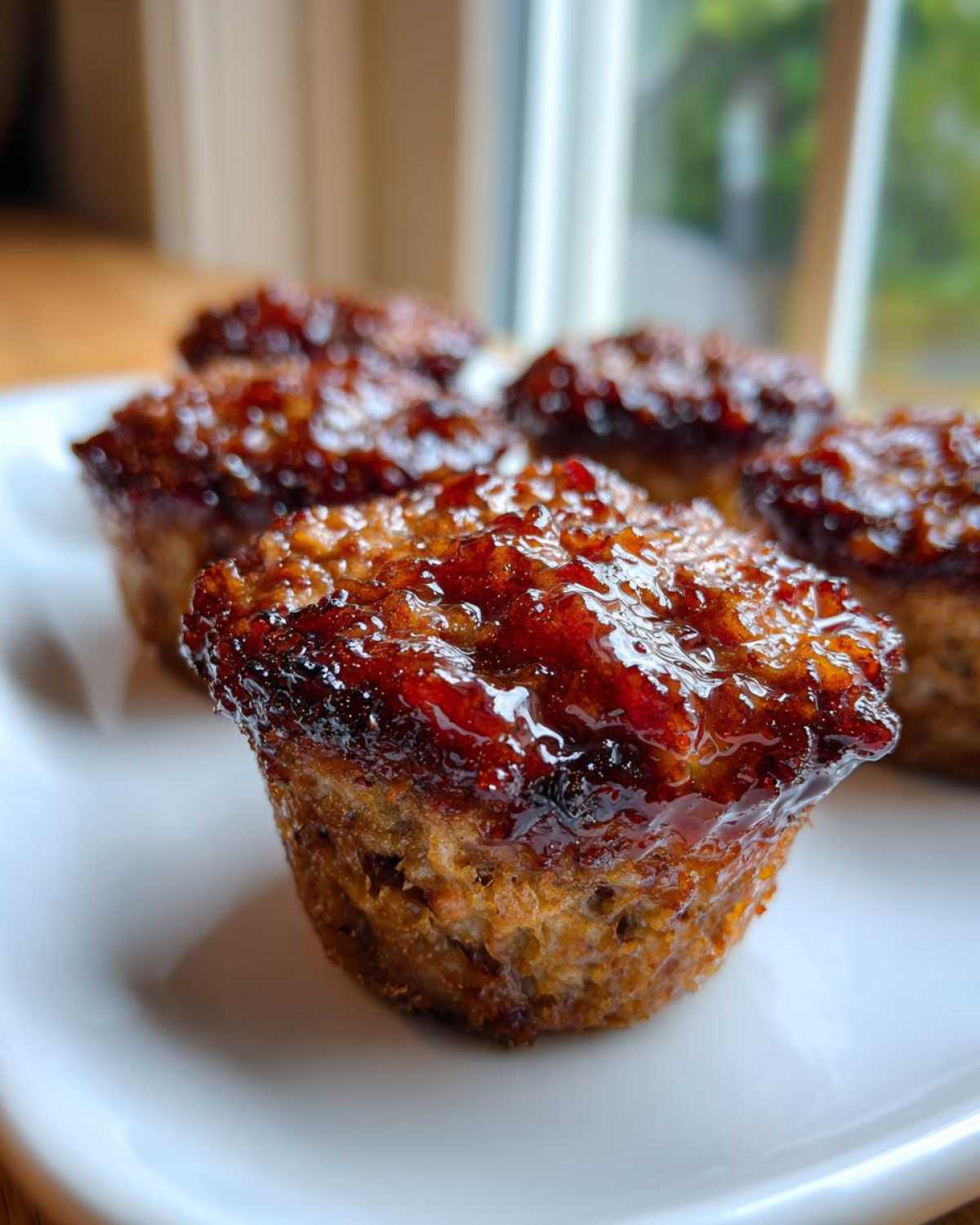 Close-up of several glazed mini meatloaf portions served on a white plate near a window.