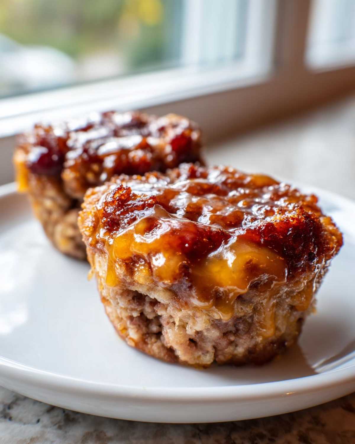 Two perfectly portioned mini meatloaf servings topped with a thick, glossy brown sugar glaze.