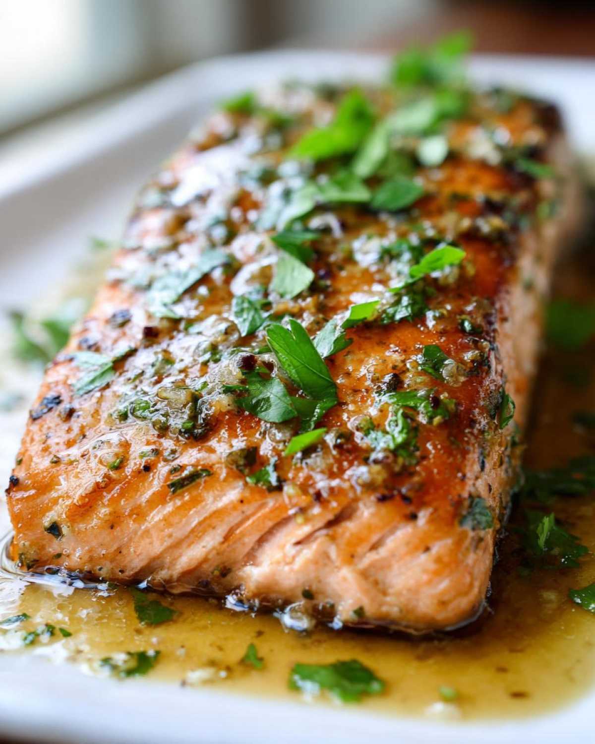 Close-up of a perfectly cooked, glazed salmon fillet topped with fresh parsley, resting in a savory sauce.