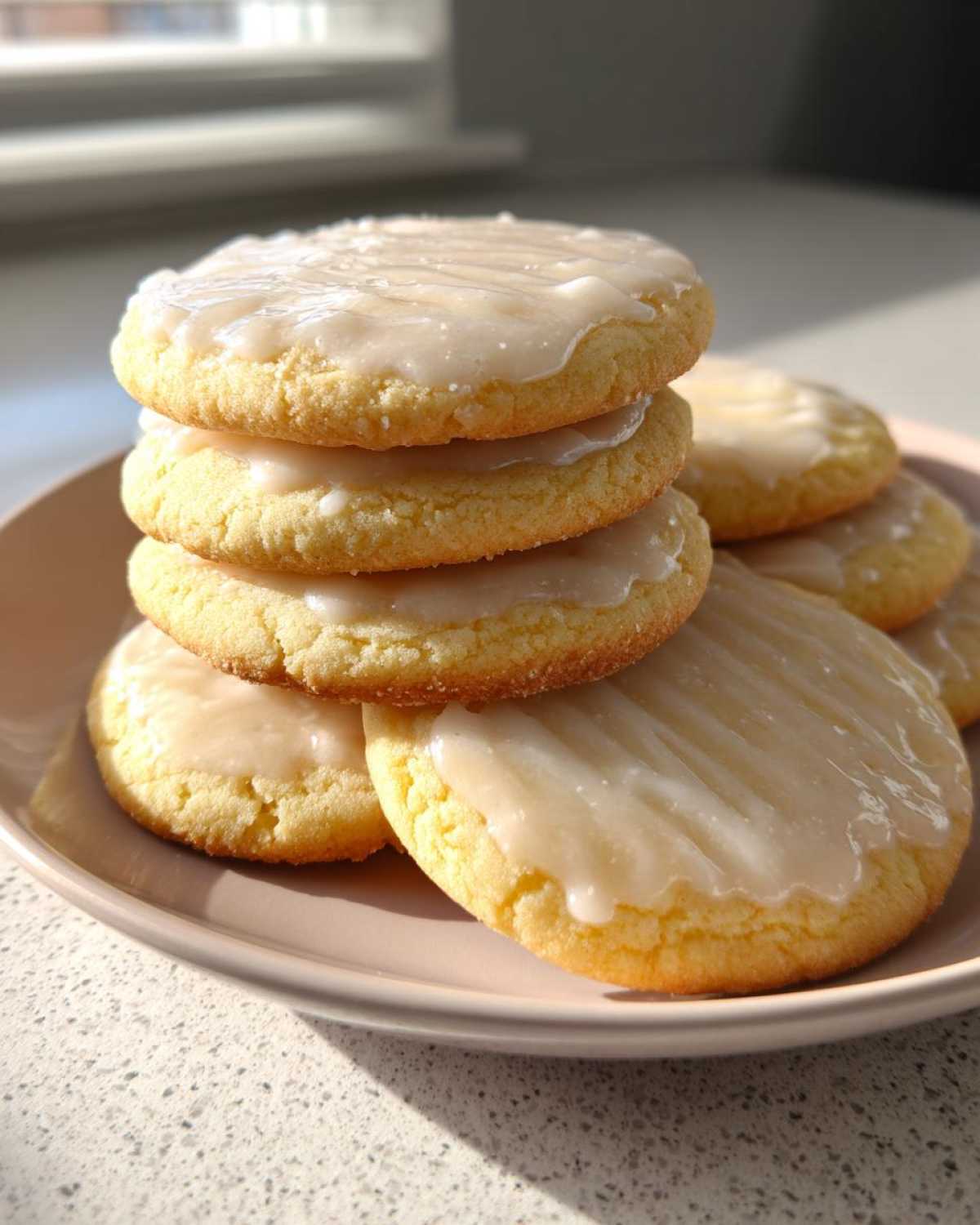 A stack of soft, round sugar cookies topped with a thin white glaze, sitting on a light pink plate.