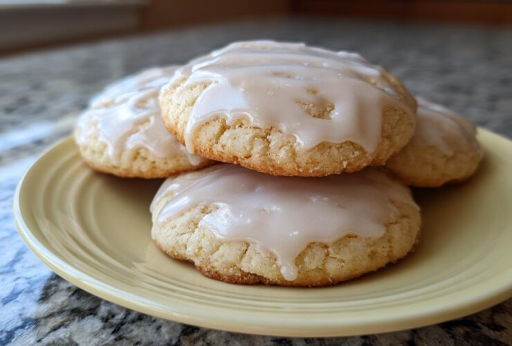 Close-up of four soft, glazed sugar cookies stacked slightly on a pale yellow plate.