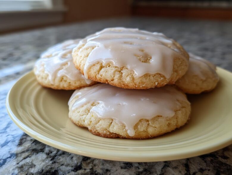 Close-up of four soft, glazed sugar cookies stacked slightly on a pale yellow plate.