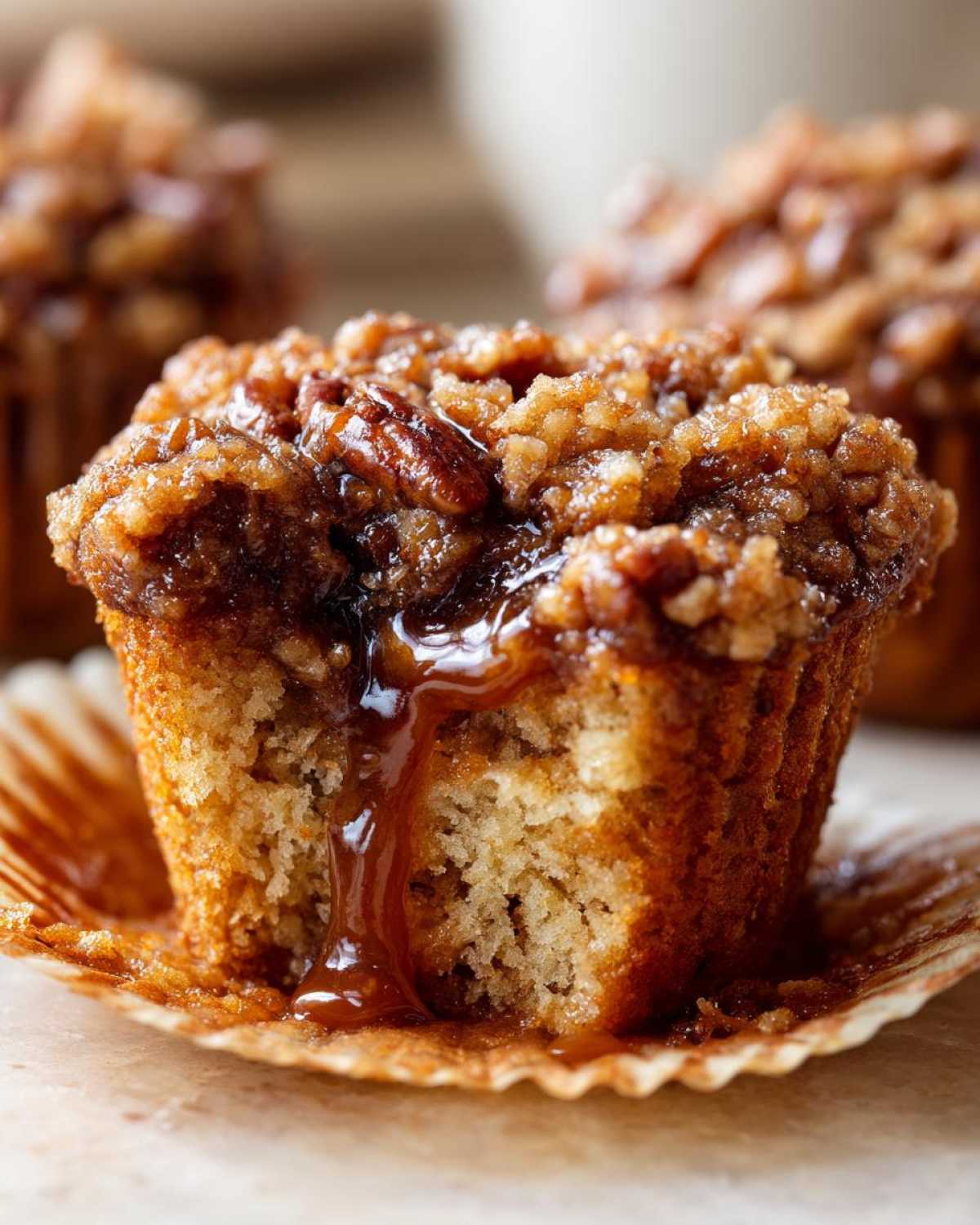 Close-up of a pecan pie muffins with a bite taken out, showing gooey caramel dripping from the center.