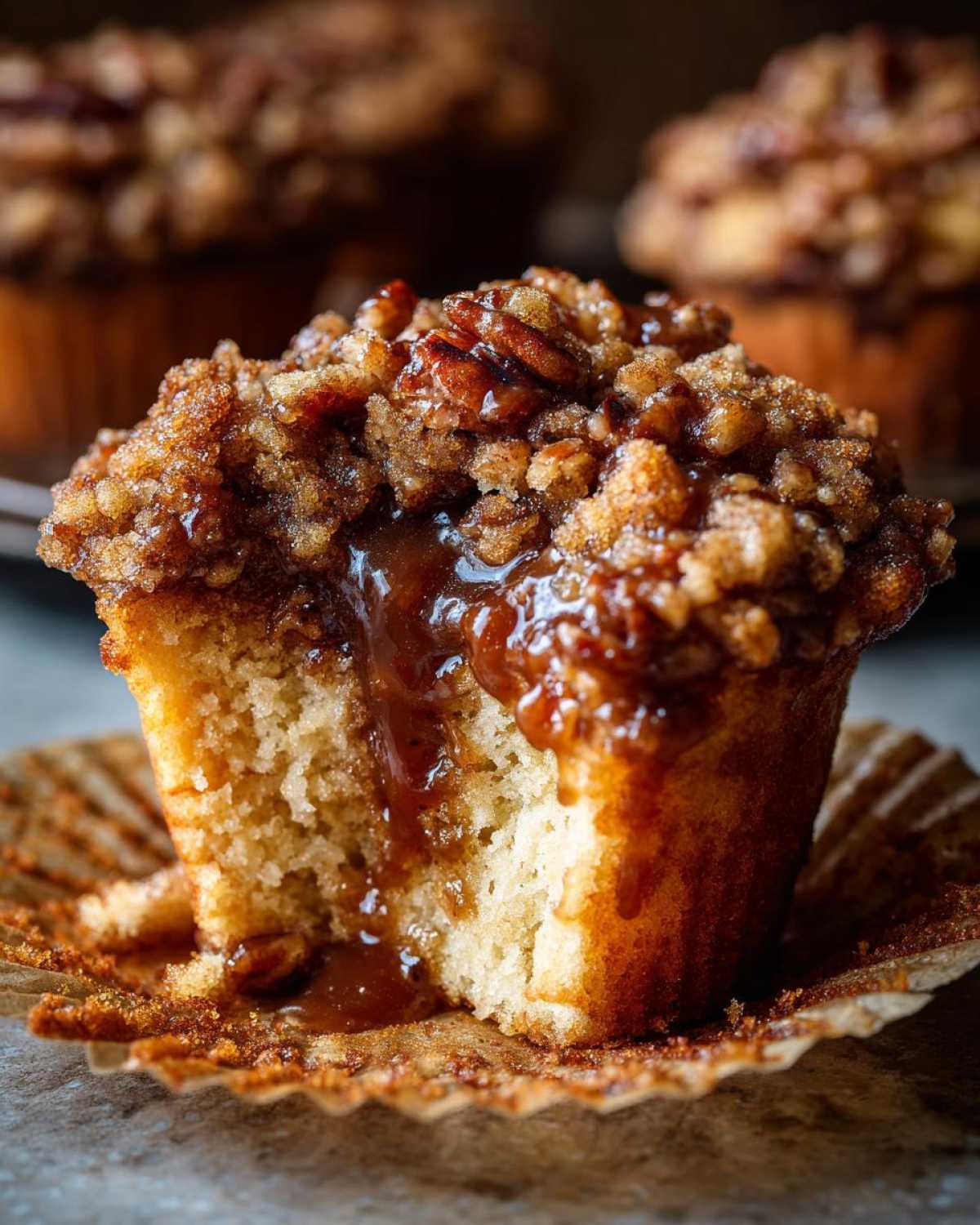 Close-up of a pecan pie muffins cut in half showing gooey caramel filling and pecan crumble topping.