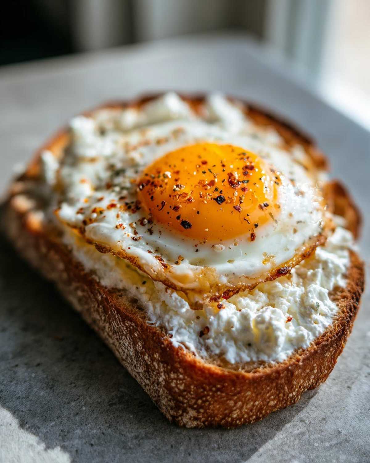 A close-up, appetizing shot of gourmet egg toast topped with creamy ricotta and a perfectly fried egg, seasoned with pepper flakes.