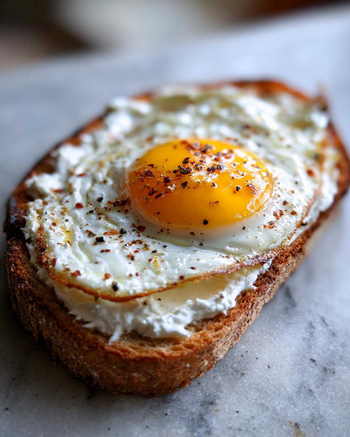 Close-up of gourmet egg toast featuring a sunny-side-up egg over a creamy white spread on toasted bread, seasoned with pepper.