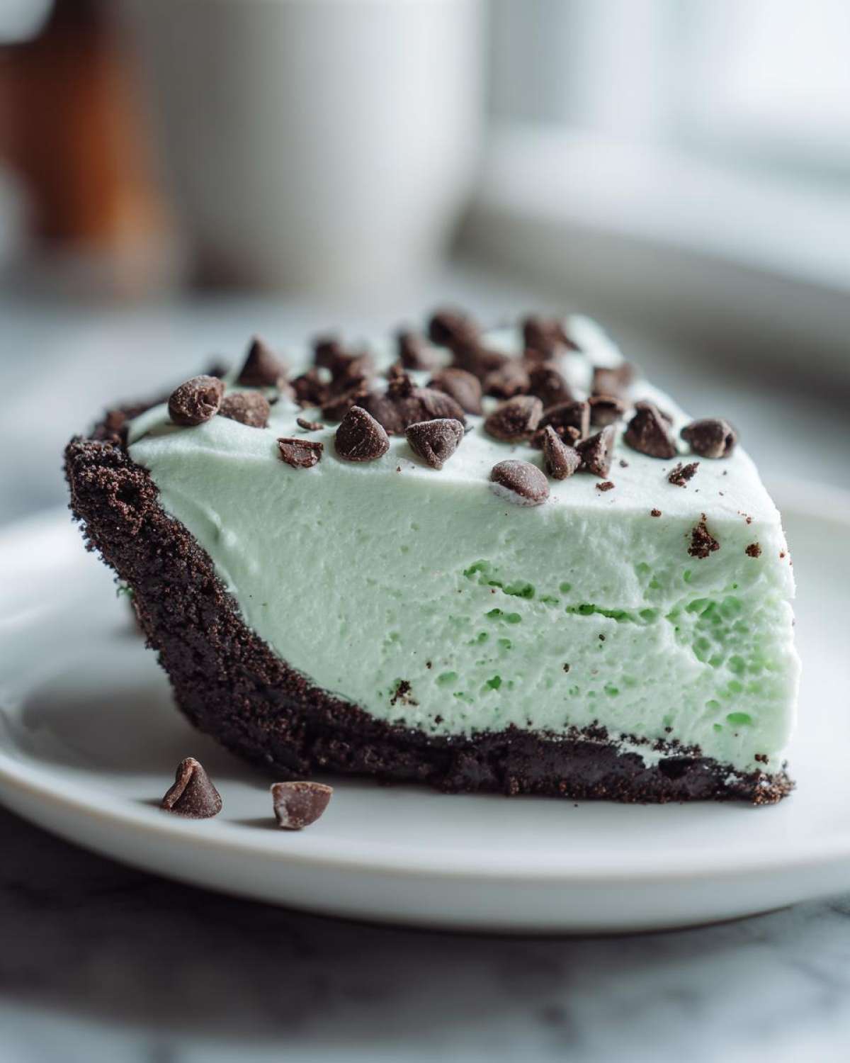 A close-up of a slice of light green grasshopper pie with a dark chocolate crust, topped with mini chocolate chips.