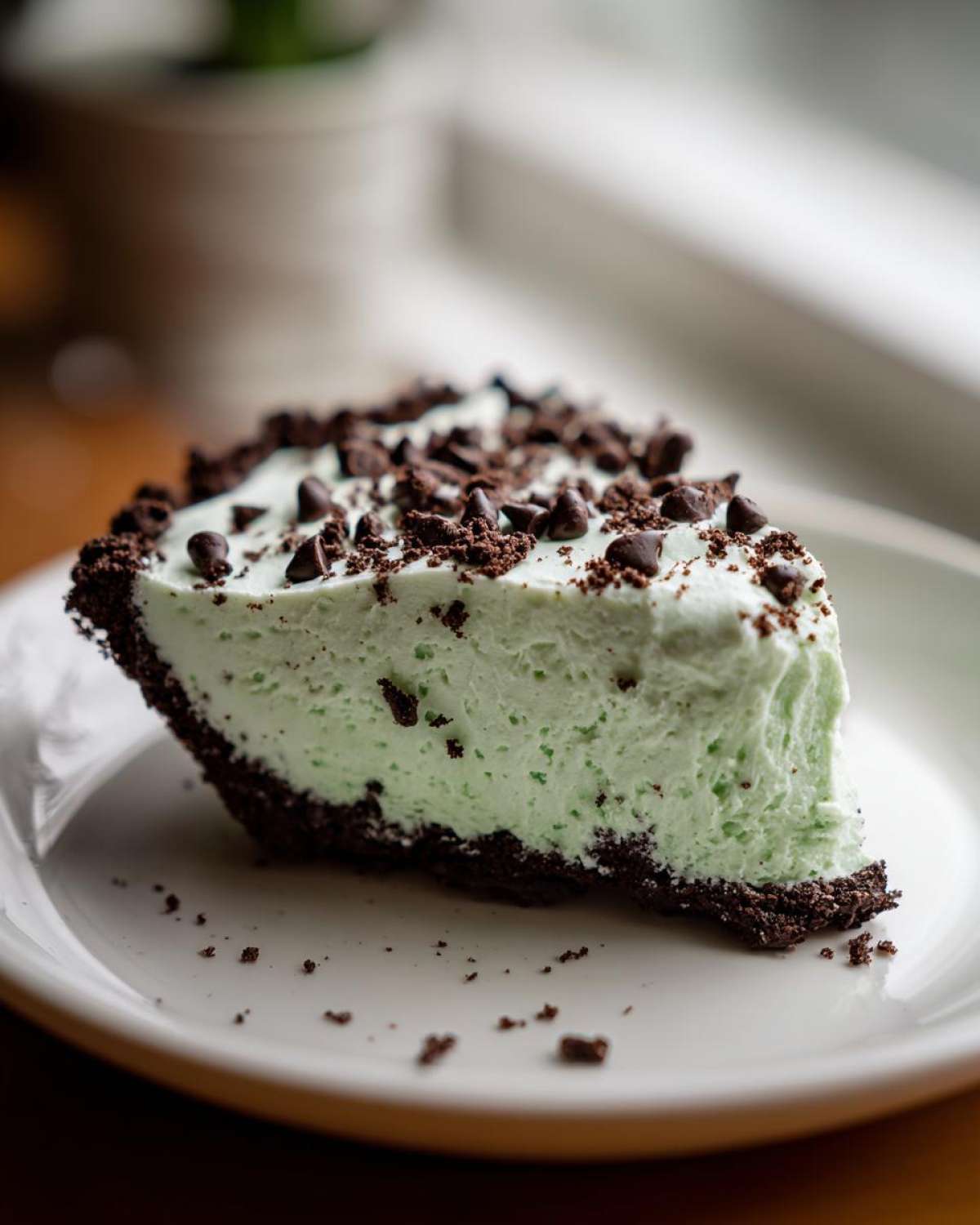 A close-up of a slice of light green grasshopper pie with a dark chocolate crust, topped with mini chocolate chips.