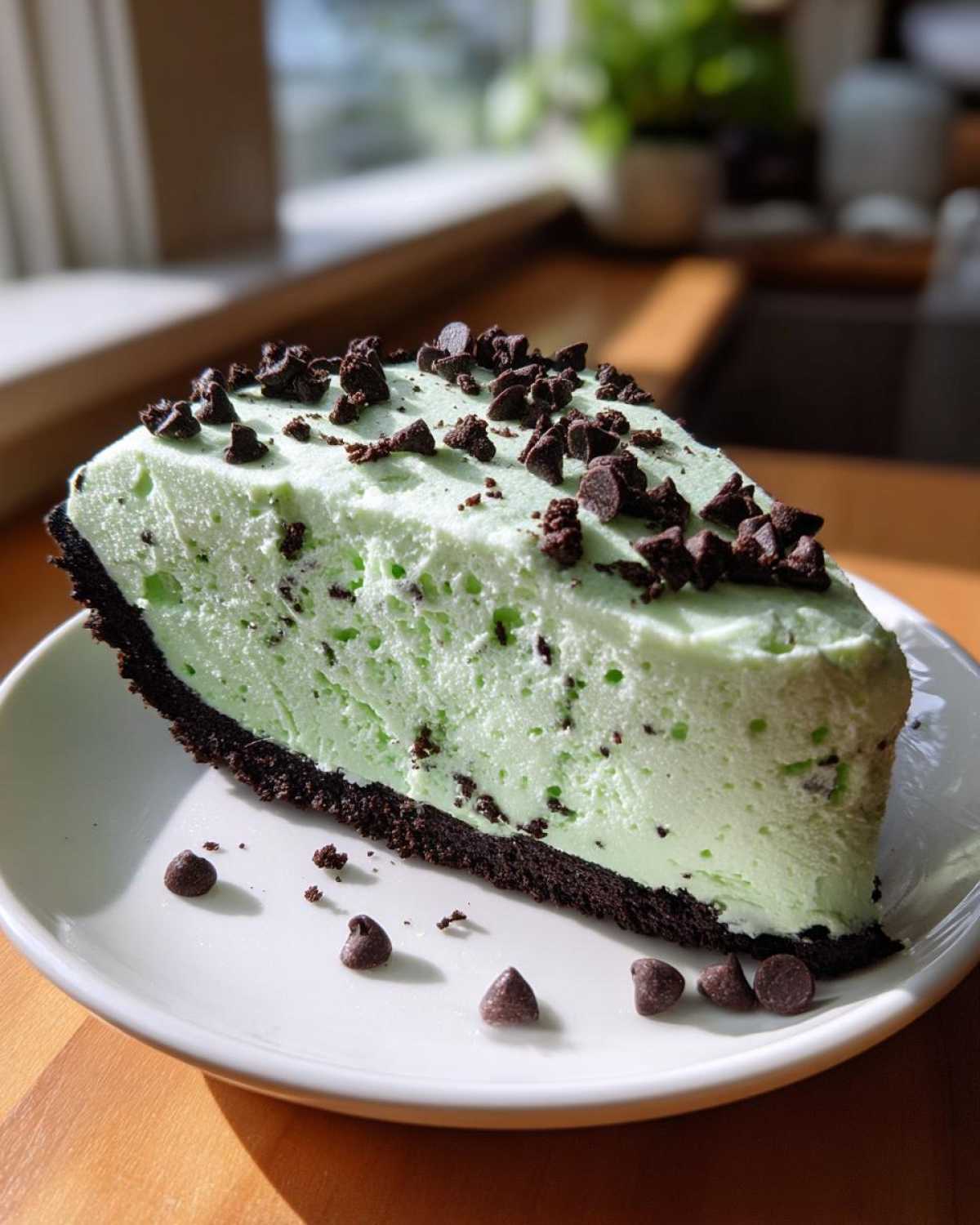 A tall slice of light green grasshopper pie with a dark chocolate crust, topped with mini chocolate chips.