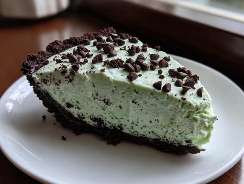 A close-up of a creamy, light green slice of grasshopper pie with a dark chocolate crust, topped with chocolate chips.