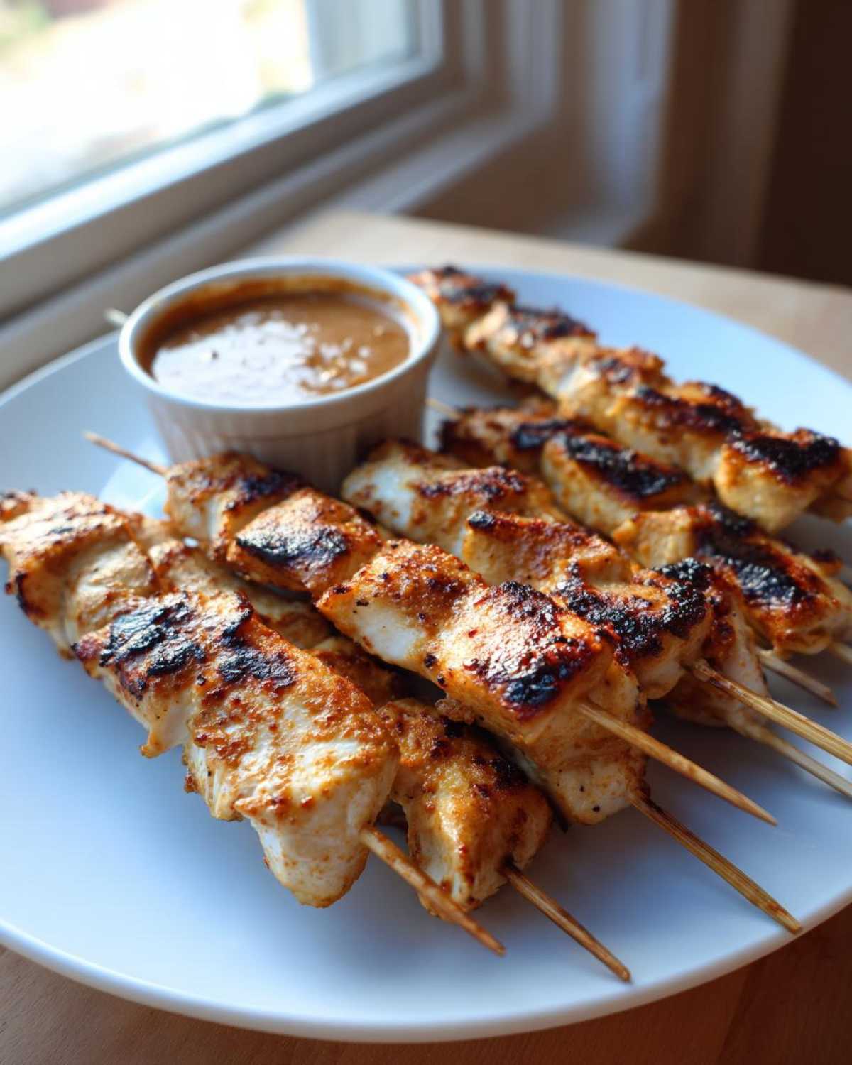 Plate of perfectly grilled chicken satay skewers served with a side of creamy peanut dipping sauce.