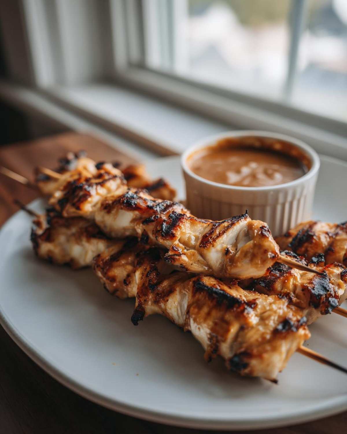 Close-up of perfectly grilled chicken satay skewers served on a white plate next to a small bowl of peanut dipping sauce.