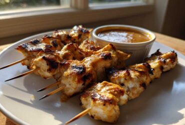 Close-up of perfectly grilled chicken satay skewers served on a white plate next to a small bowl of peanut dipping sauce.