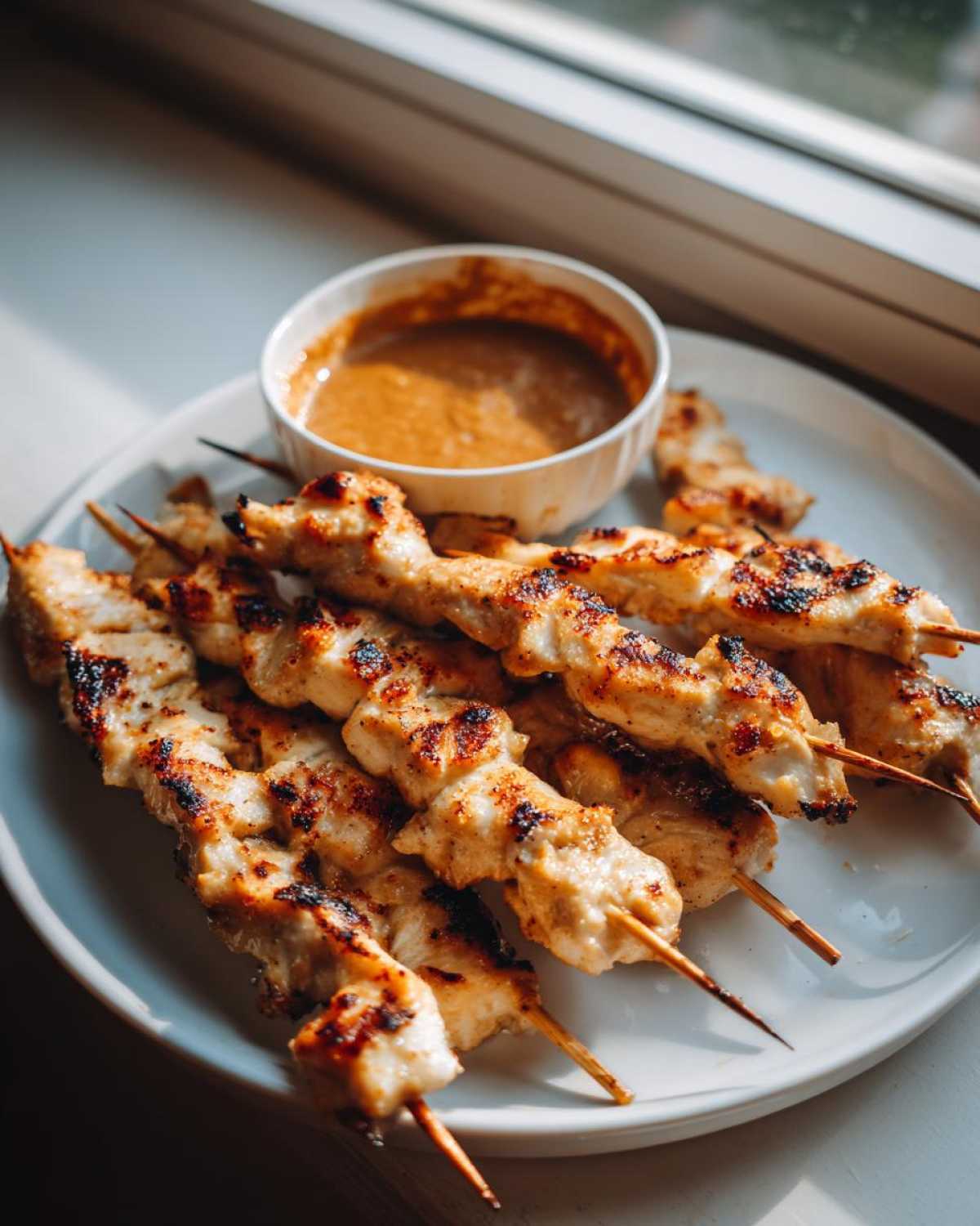 Close-up of grilled chicken satay skewers served on a white plate next to a small bowl of peanut dipping sauce.
