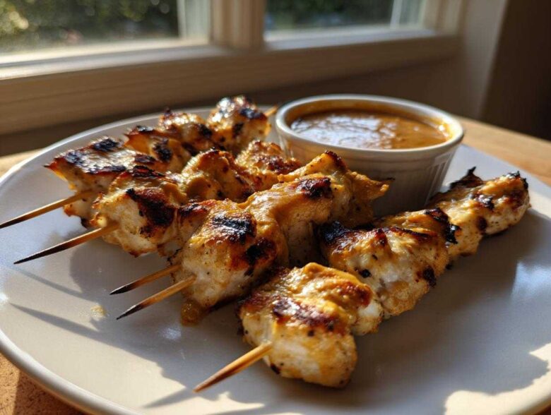 Close-up of perfectly grilled chicken satay skewers served on a white plate next to a small bowl of peanut dipping sauce.