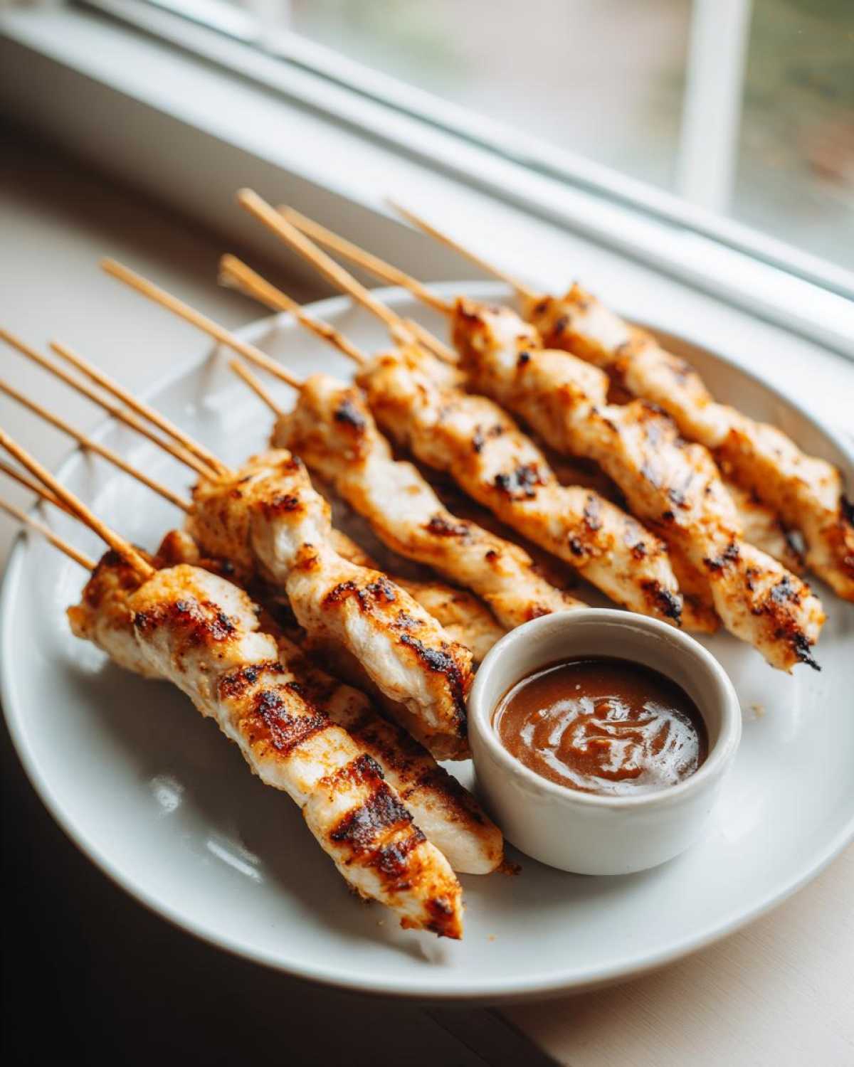 Close-up of grilled chicken satay skewers served on a white plate next to a small bowl of rich peanut dipping sauce.