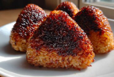 Four golden-brown, triangular grilled rice balls with a dark, caramelized crust served on a white plate.