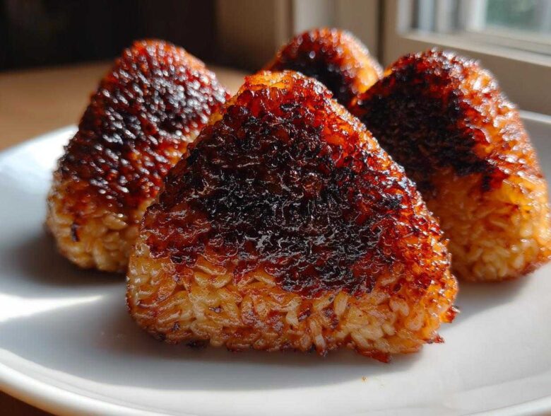 Four golden-brown, triangular grilled rice balls with a dark, caramelized crust served on a white plate.