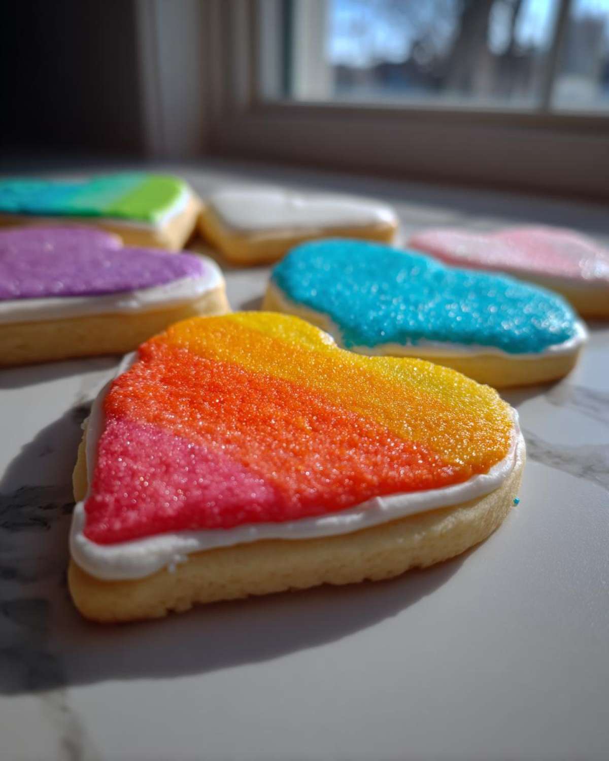 Close-up of a heart-shaped sugar cookie topped with white piping and rainbow sanding sugar, demonstrating the hardened sugar cookie icing that hardens.