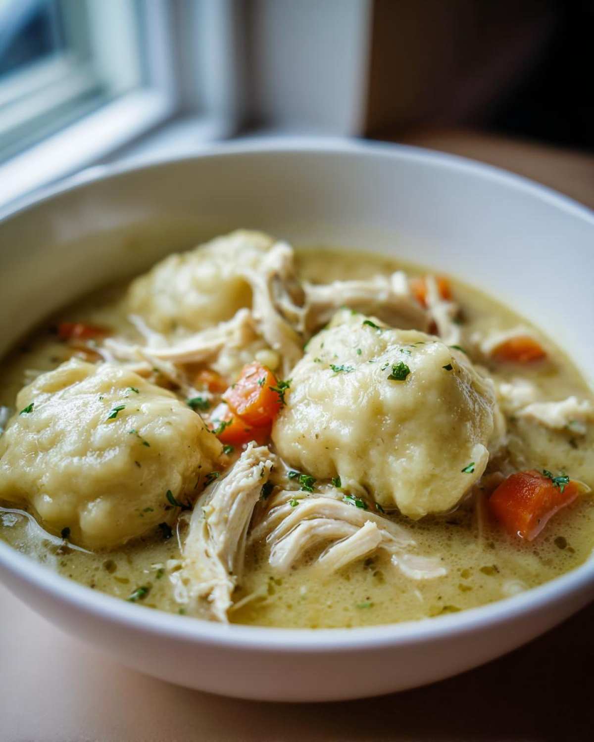 Close-up of a white bowl filled with creamy chicken and dumplings, shredded chicken, and carrots.