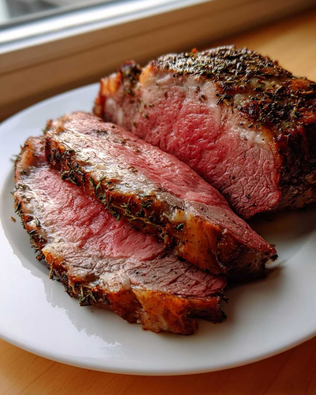 Close-up of a perfectly cooked prime rib recipe roast, sliced to show medium-rare pink center and herb crust.