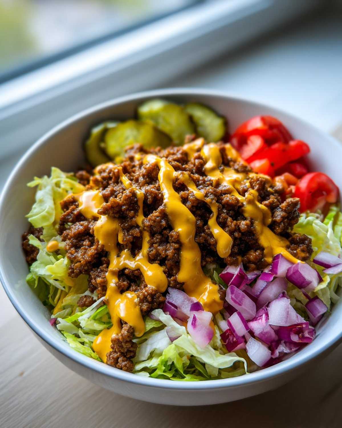 Close-up of a healthy cheeseburger bowl featuring seasoned ground beef, cheese sauce, lettuce, pickles, tomatoes, and red onion.