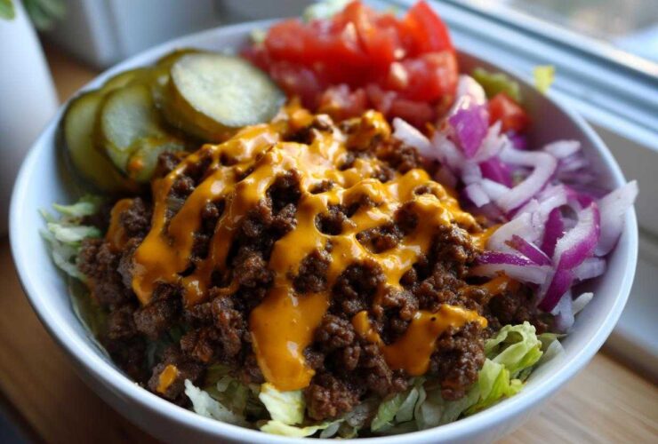 Close-up of a delicious cheeseburger bowl featuring seasoned ground beef, melted cheese sauce, lettuce, pickles, tomatoes, and red onion.