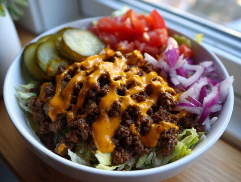 Close-up of a delicious cheeseburger bowl featuring seasoned ground beef, melted cheese sauce, lettuce, pickles, tomatoes, and red onion.