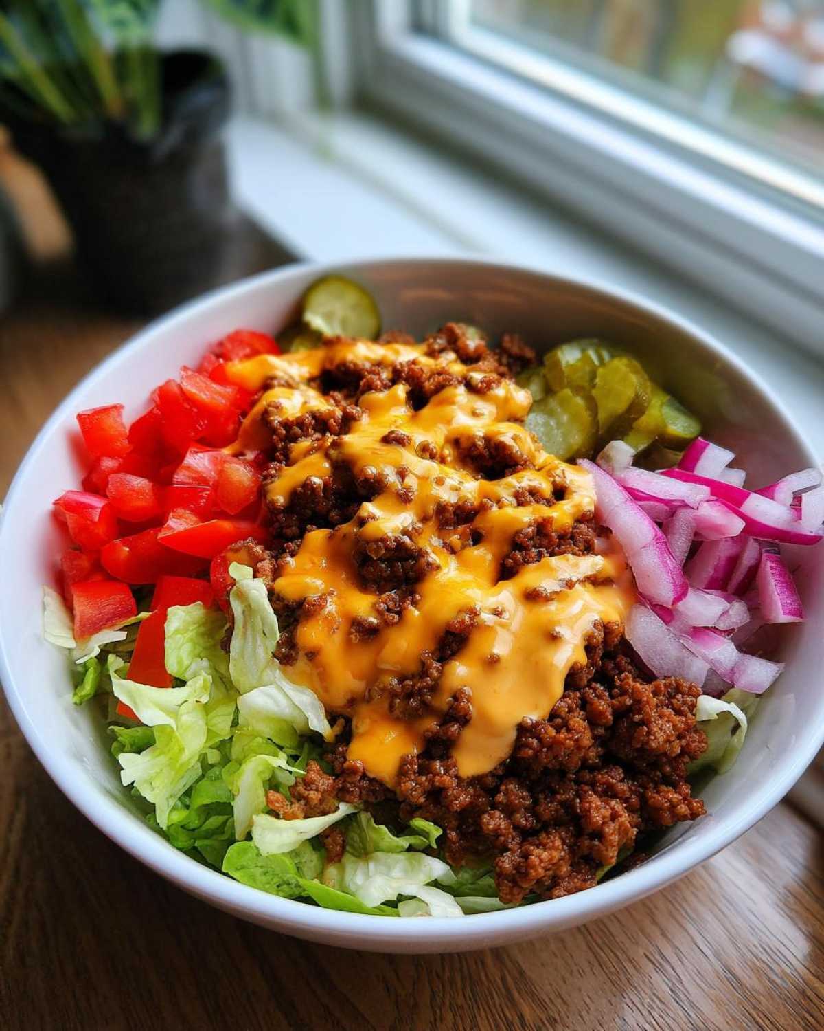 A vibrant cheeseburger bowl featuring seasoned ground beef, melted cheese sauce, lettuce, tomatoes, pickles, and red onions.