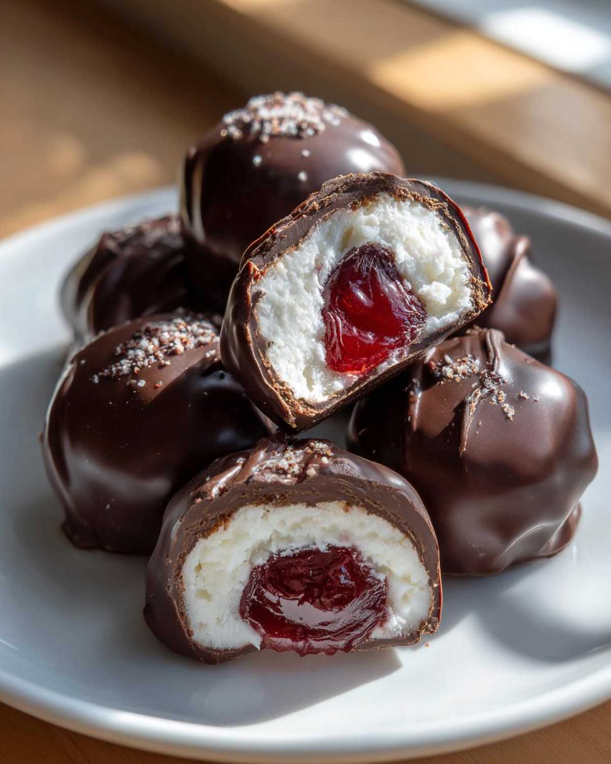 Close-up of homemade chocolate covered cherries, one cut open showing the white cream and cherry center.