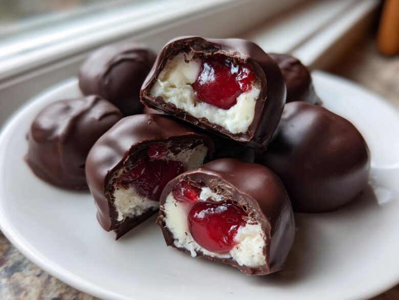 Close-up of homemade chocolate covered cherries, showing the creamy white filling and bright red cherry inside.